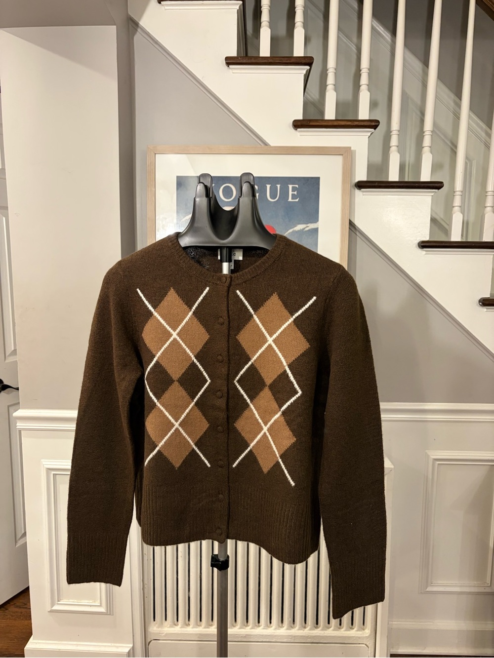 CeCe Brown Argyle Button-Front Cardigan with Tan and Cream Diamonds